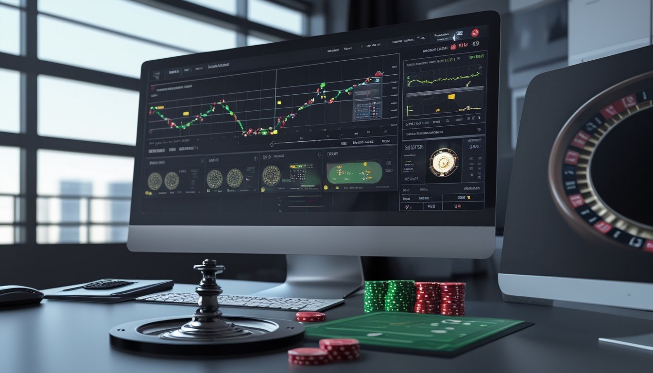Meja analisis dengan roda roulette, keping taruhan, grafik pertandingan sepak bola, dan layar komputer.