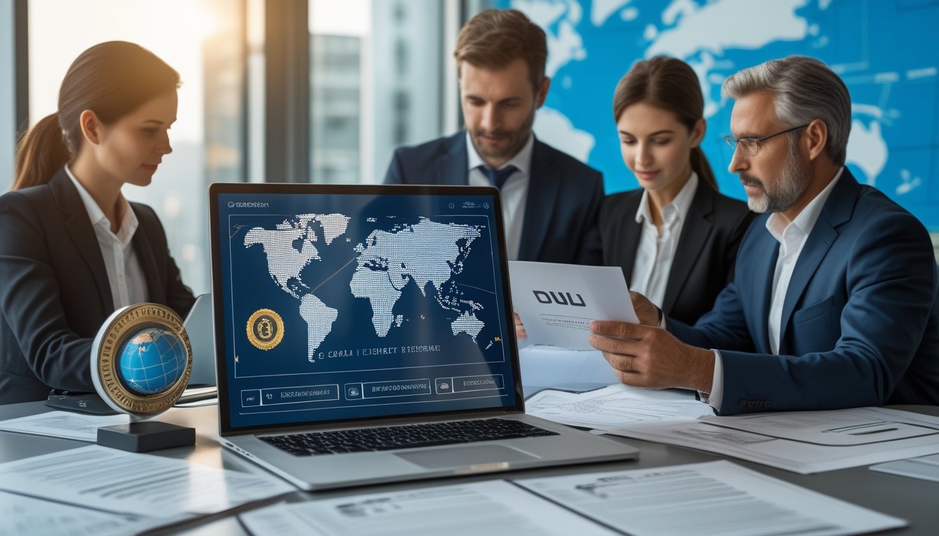 Profesional dewasa meninjau dokumen dan dashboard digital dengan simbol globe, perisai keamanan, serta sertifikasi resmi.