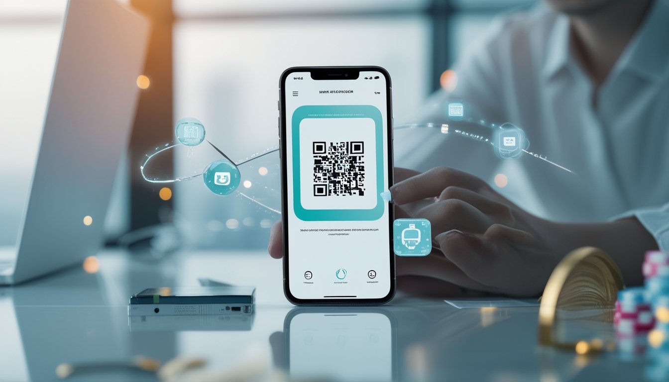Tangan seseorang menggunakan ponsel untuk melakukan pembayaran digital melalui kode QR dan dompet elektronik.