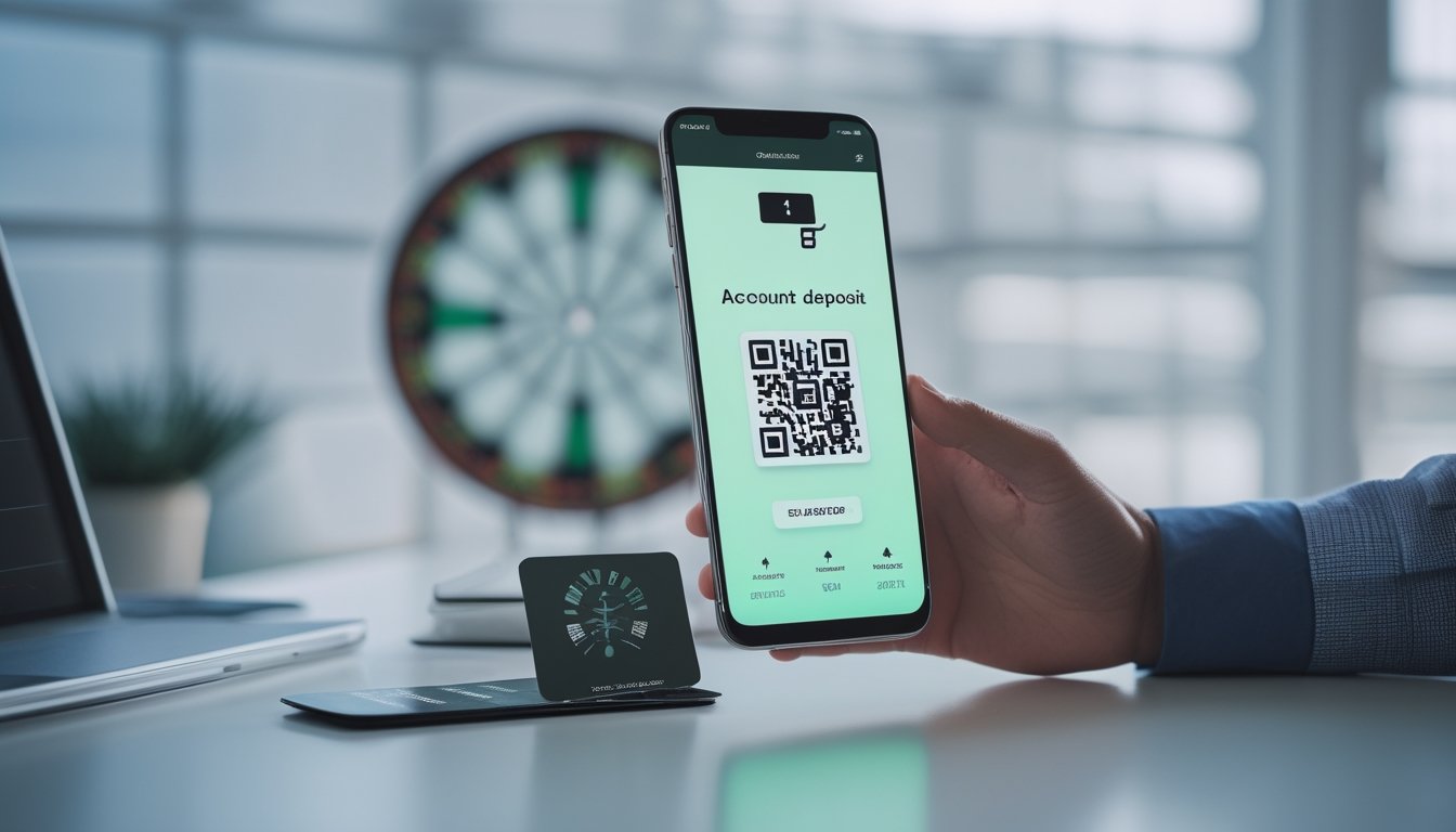 Ponsel menampilkan antarmuka pembayaran digital abstrak di atas meja dengan roda roulette yang buram di latar belakang.