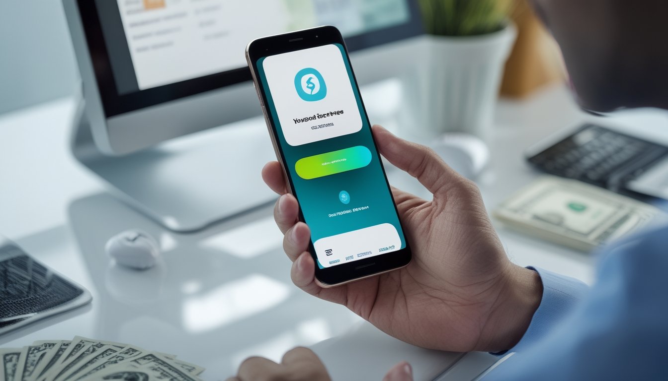Tangan seseorang menggunakan ponsel untuk melakukan pembayaran digital di atas meja modern.