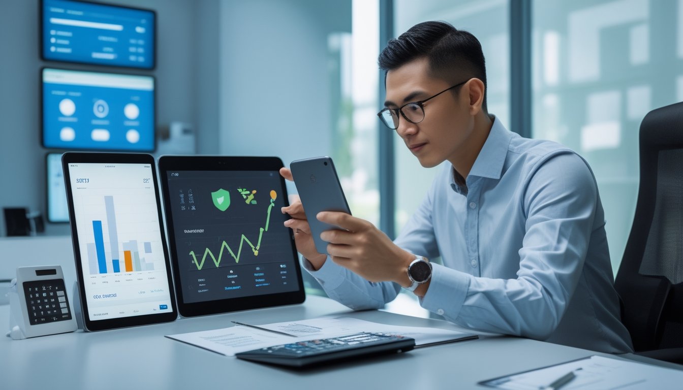 Seorang profesional memeriksa analitik keuangan abstrak di tablet dan dompet digital di meja kerja.