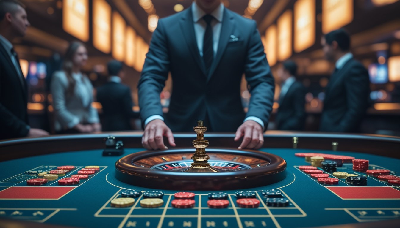 Meja roulette di kasino modern dengan roda roulette, keping taruhan, dealer, dan pemain.