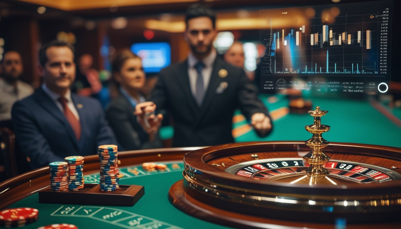 Dealer memutar roda roulette sementara pemain mengamati meja dan visualisasi abstrak tentang peluang.