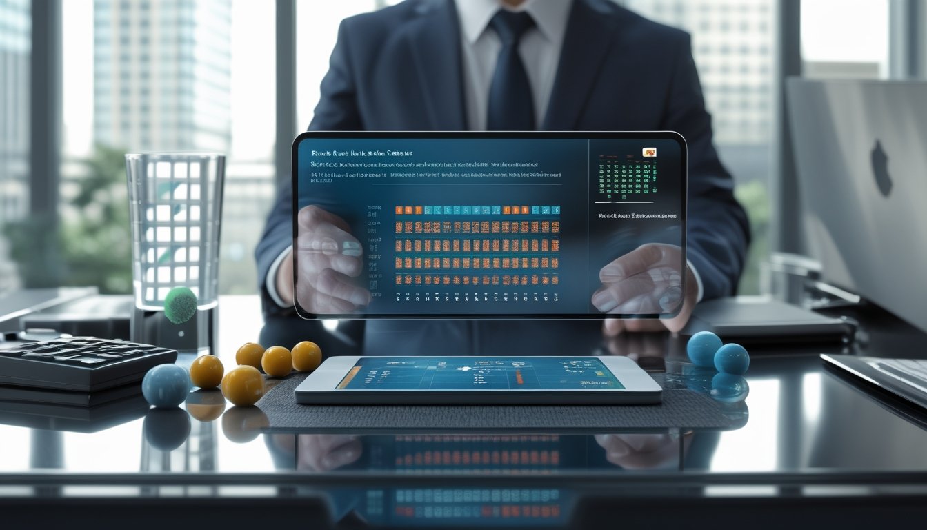 Analis profesional memeriksa data angka pada tablet di meja kerja modern.