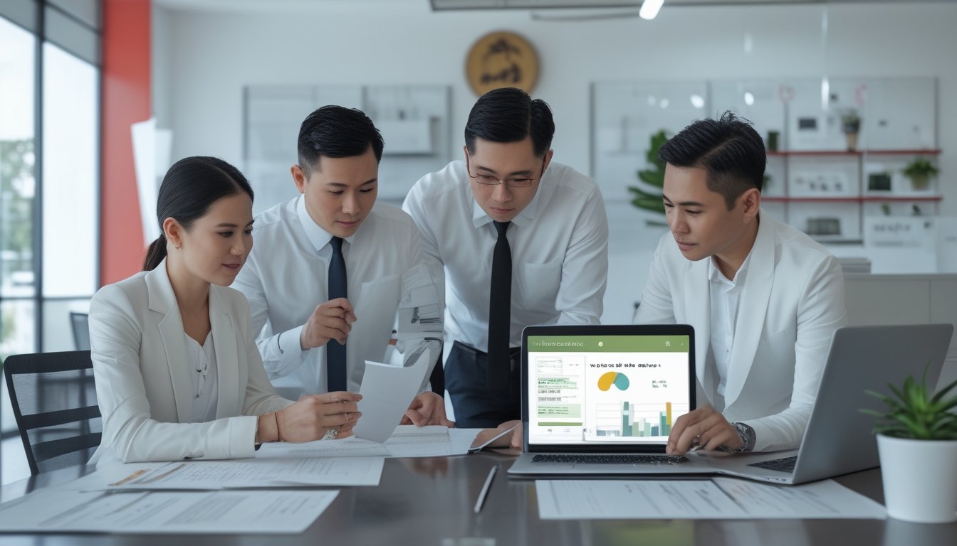 Tim profesional Indonesia meninjau dokumen regulasi dan data di ruang kerja modern.