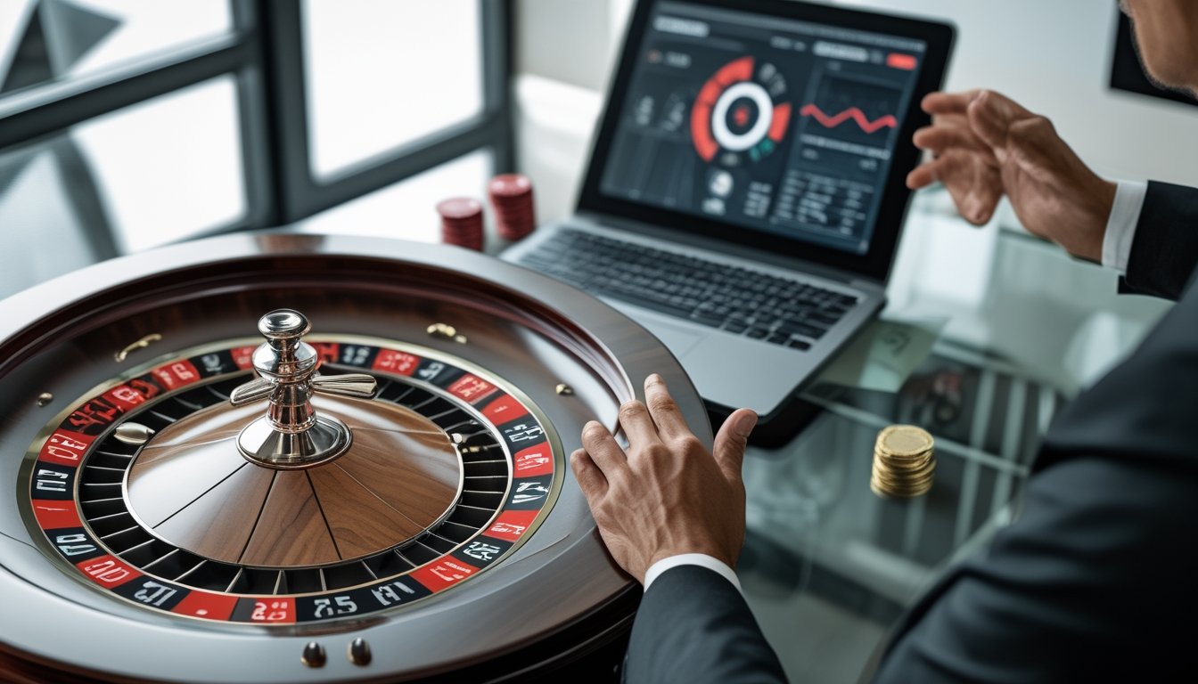 Roda roulette modern, keping kasino, dan perangkat digital dengan grafik analisis abstrak di atas meja.