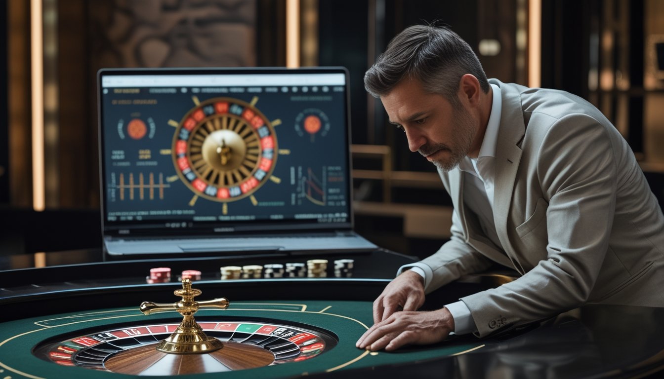 Seorang analis mengamati roda roulette, chip kasino, dan grafik probabilitas di meja kasino modern.