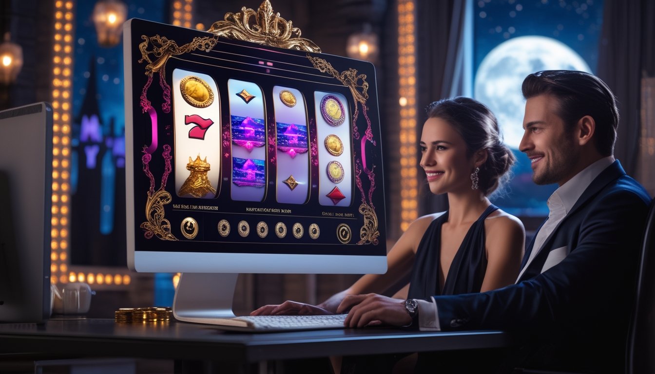 Pasangan dewasa menikmati permainan slot digital bernuansa romantis dan misterius di depan perangkat elektronik.