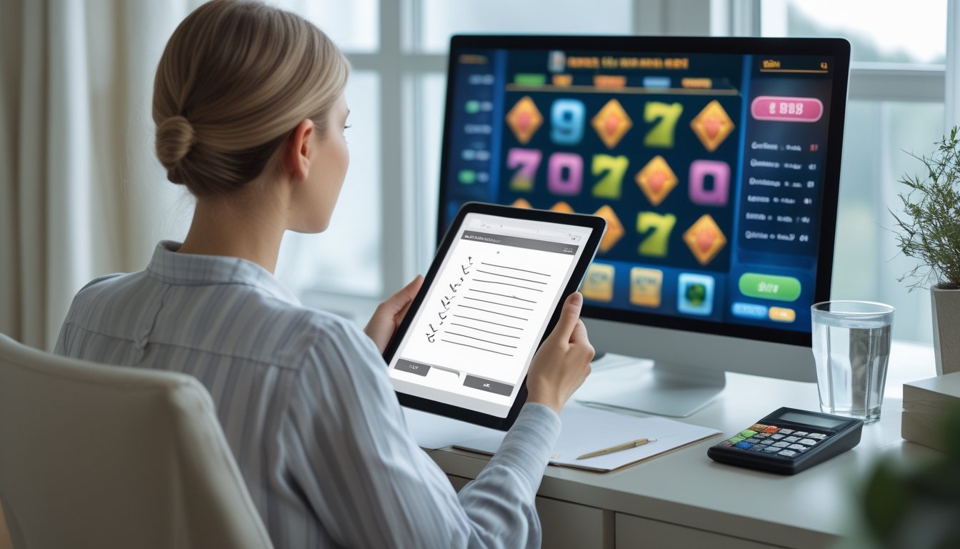 Seseorang meninjau permainan slot digital dan catatan di meja kerja yang rapi.