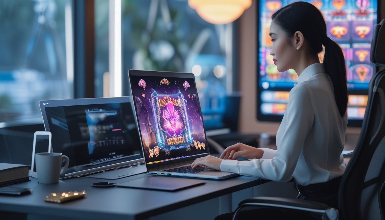 Seorang profesional melihat tampilan permainan fantasi di laptop pada ruang kerja modern.