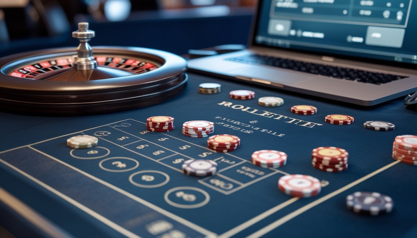 Roda roulette dan keping taruhan bernilai kecil berada di atas meja kasino dengan perangkat digital di latar belakang.