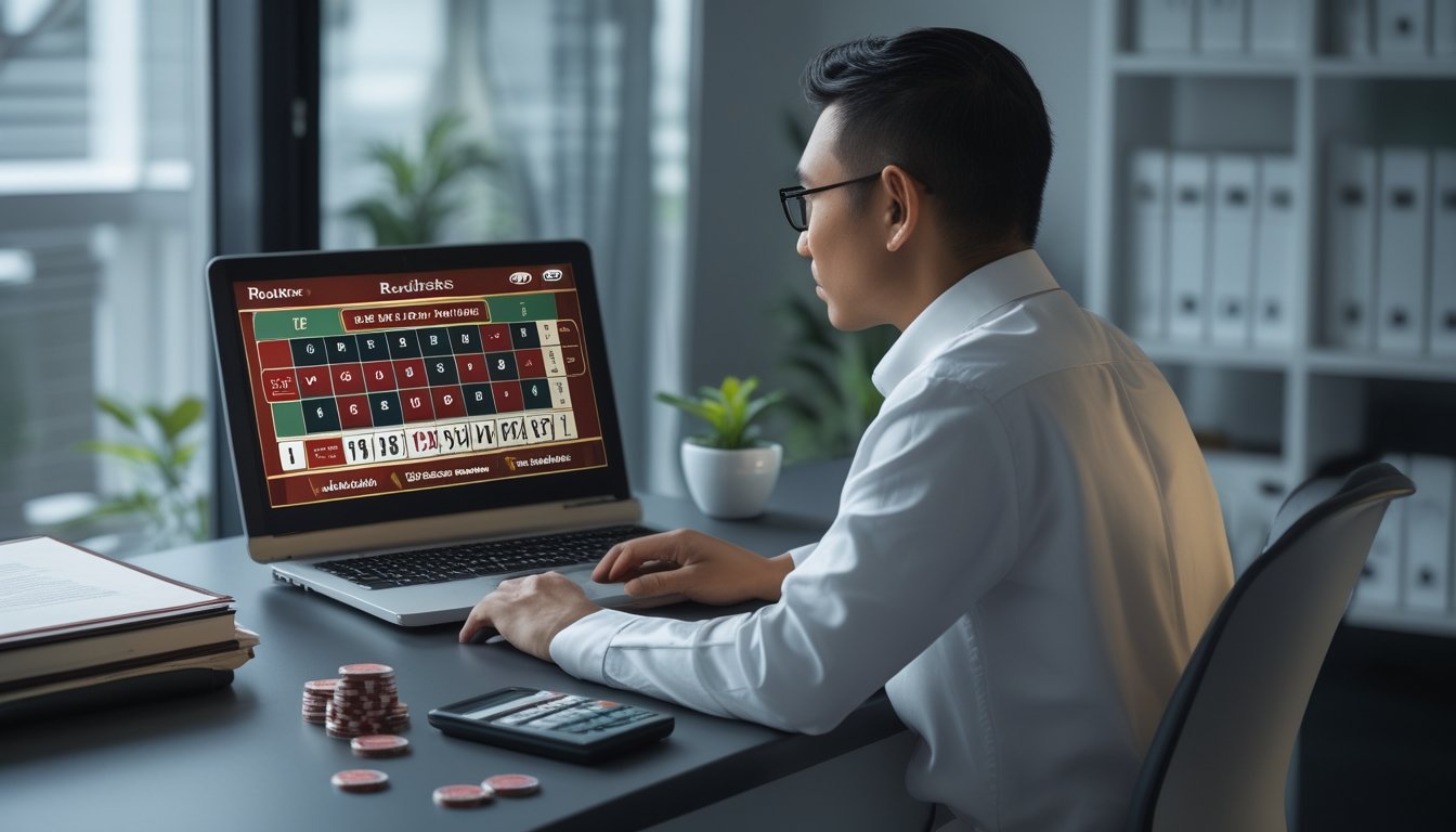 Orang dewasa Indonesia memeriksa roulette daring di laptop dengan simbol keamanan, timbangan, dan kalkulator di meja.