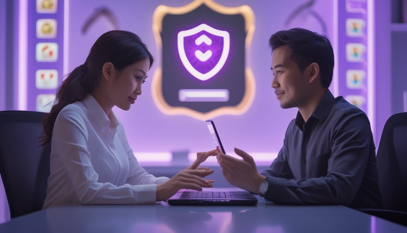 Dua orang dewasa menggunakan laptop dan ponsel di ruang kerja modern dengan suasana digital yang elegan.