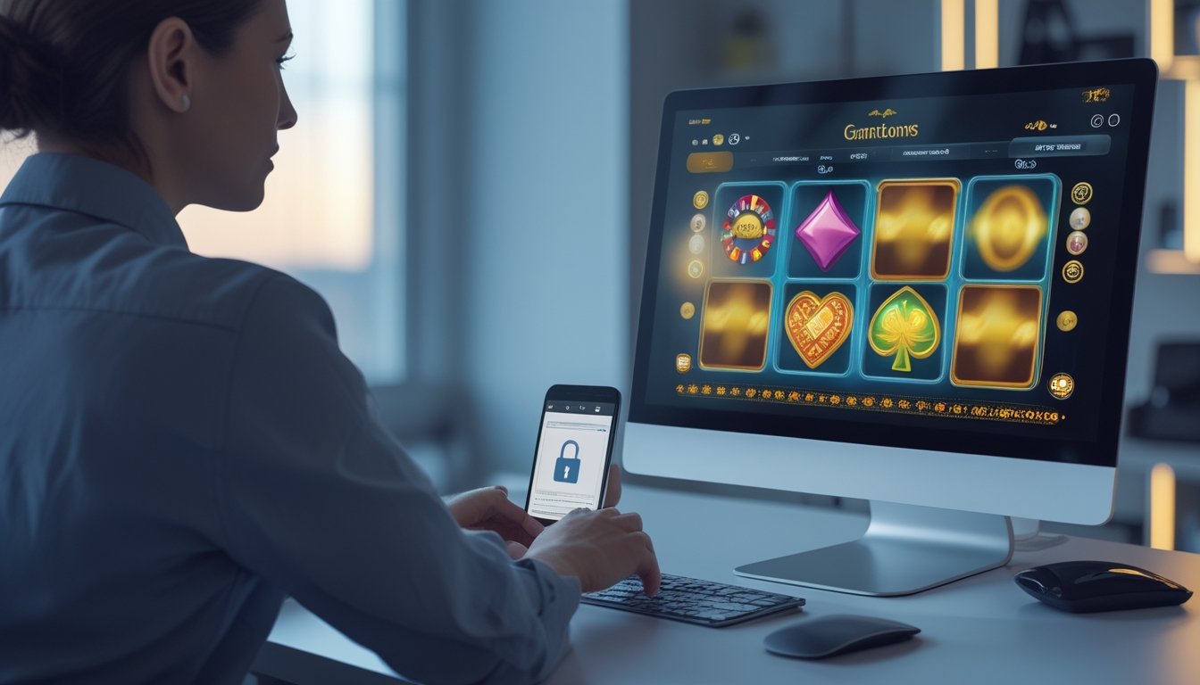 Seseorang melihat antarmuka permainan daring di laptop dengan simbol keamanan digital di meja kerja.