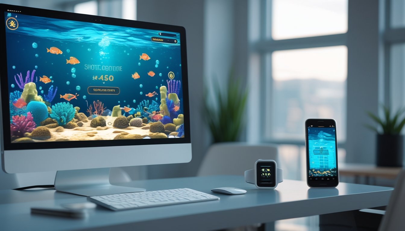 Monitor dan ponsel menampilkan permainan ikan bawah laut berwarna-warni di atas meja kerja modern.