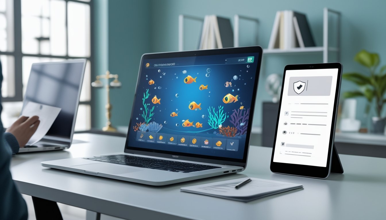Laptop dan ponsel menampilkan permainan ikan digital dengan simbol keamanan dan verifikasi di meja kerja modern.