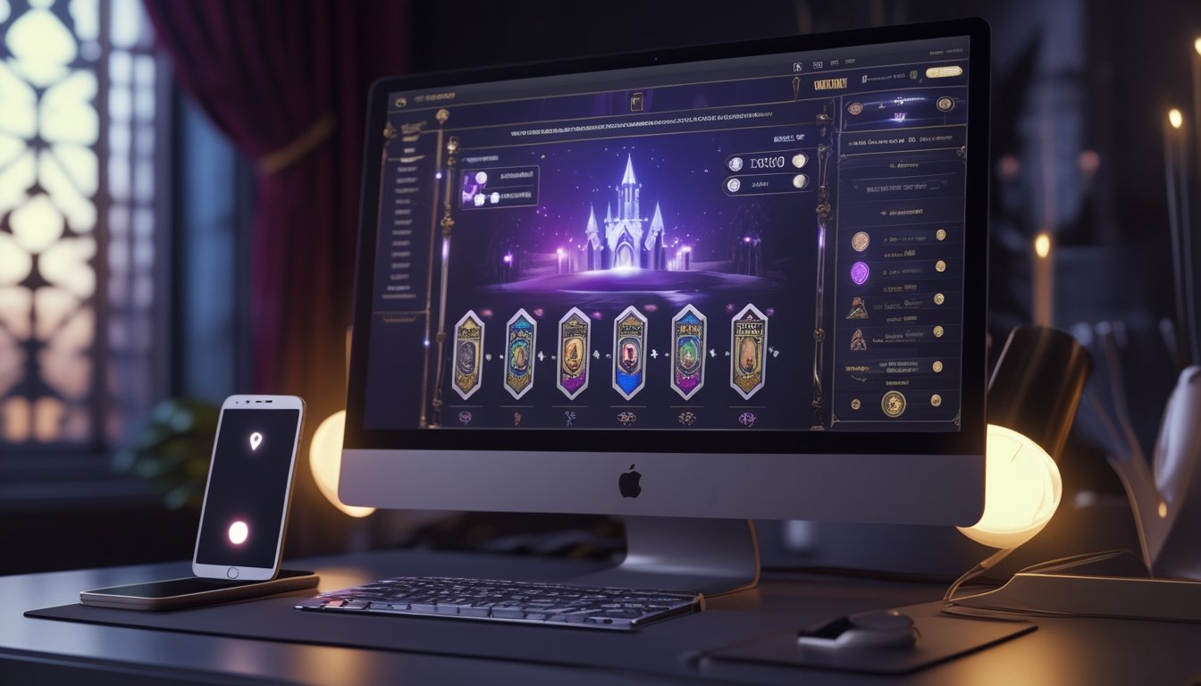 Komputer dan ponsel menampilkan antarmuka hiburan digital bertema fantasi romantis dengan pencahayaan elegan.