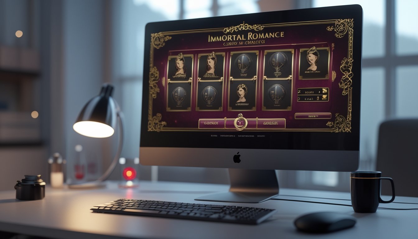 Monitor menampilkan permainan slot bertema romantis gotik di atas meja modern.