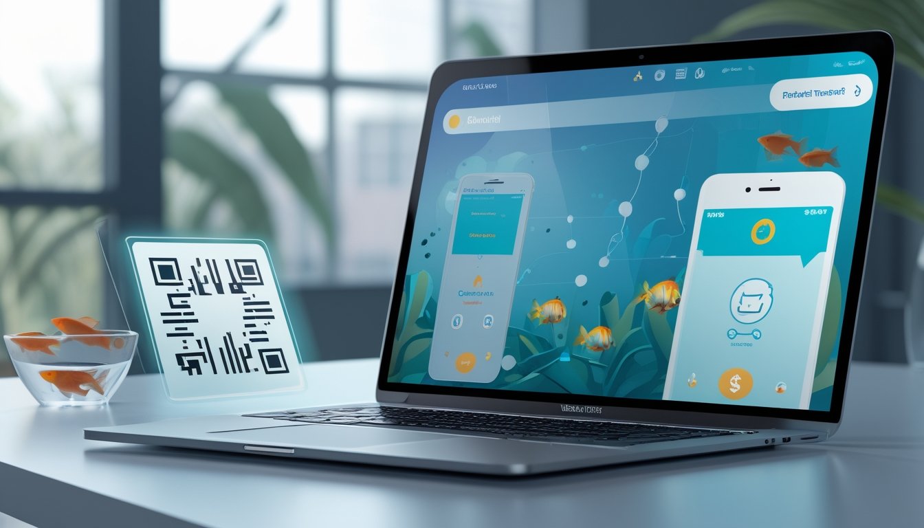 Smartphone dan laptop menampilkan permainan ikan abstrak dengan konsep pembayaran digital cepat di meja kerja modern.