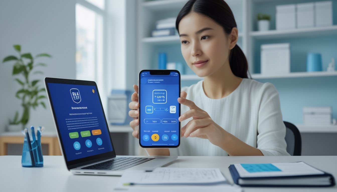 Seseorang memeriksa pembayaran digital di ponsel dan laptop dengan perlengkapan untuk menilai keamanan dan legalitas.