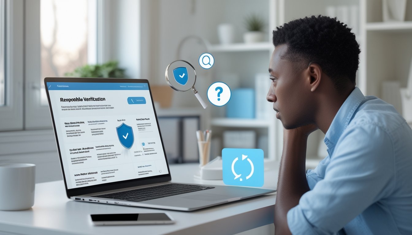 Seseorang memeriksa keamanan dan kredibilitas sebuah platform online menggunakan laptop dan ponsel.