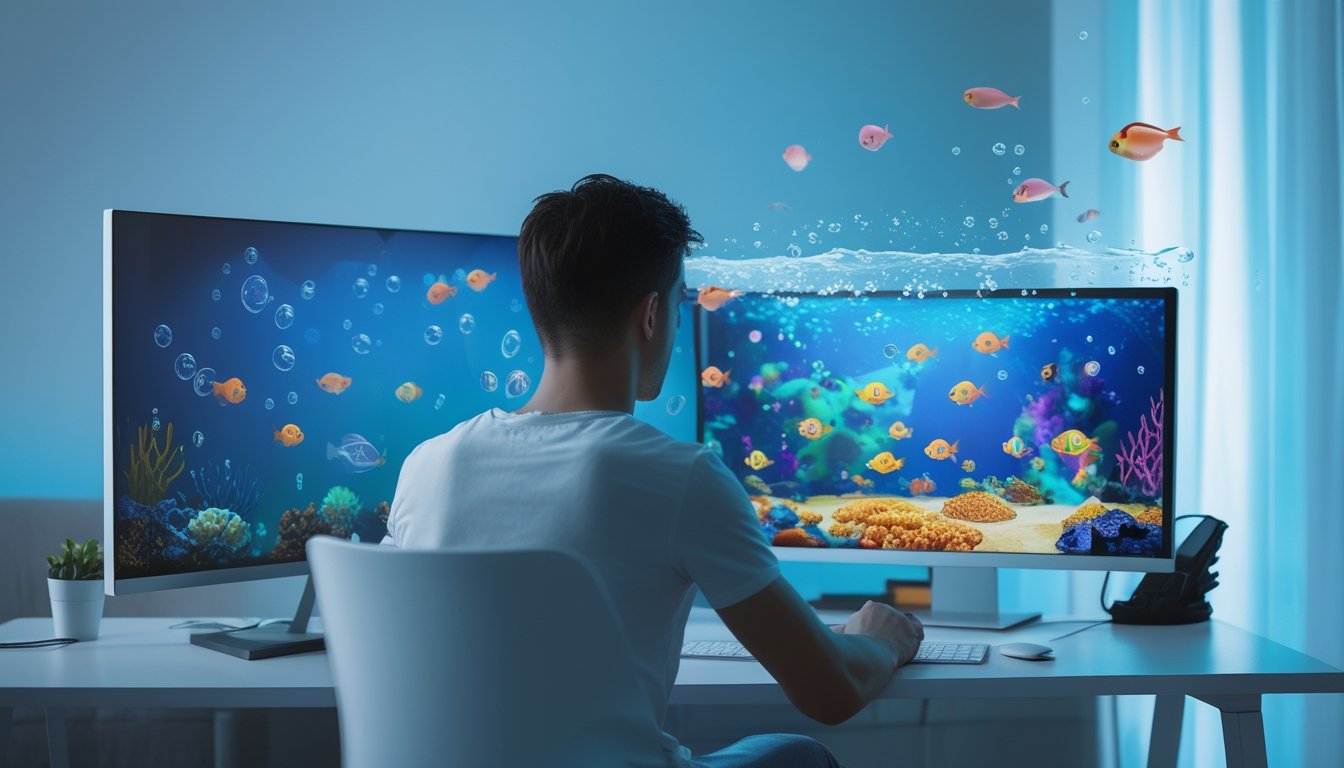 Seseorang memainkan permainan menembak ikan digital di depan komputer dalam suasana ruang bermain modern.