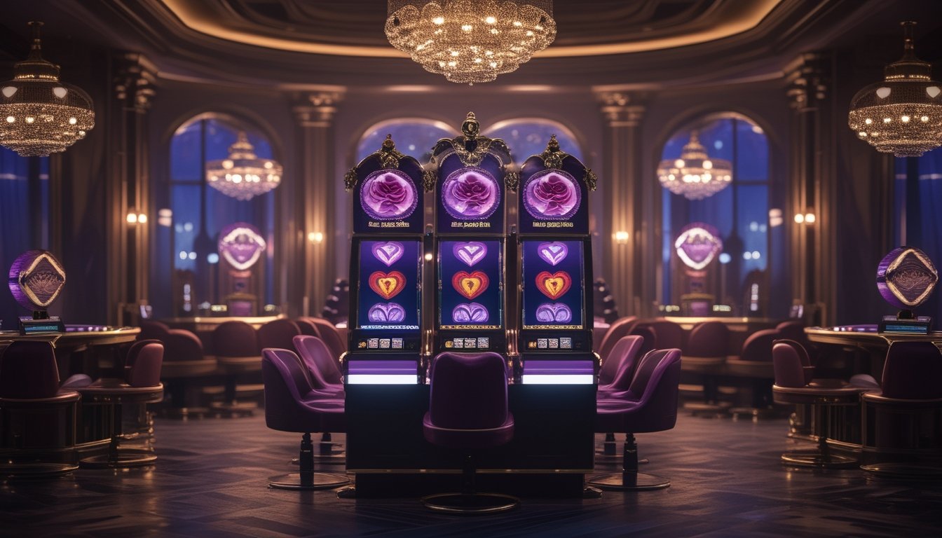 Mesin slot bernuansa gothic-romantis berada di dalam ruang kasino mewah dengan cahaya ungu, merah marun, dan emas.