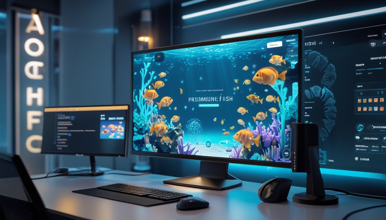 Meja permainan digital modern menampilkan suasana bawah laut dengan ikan tropis dan cahaya biru.