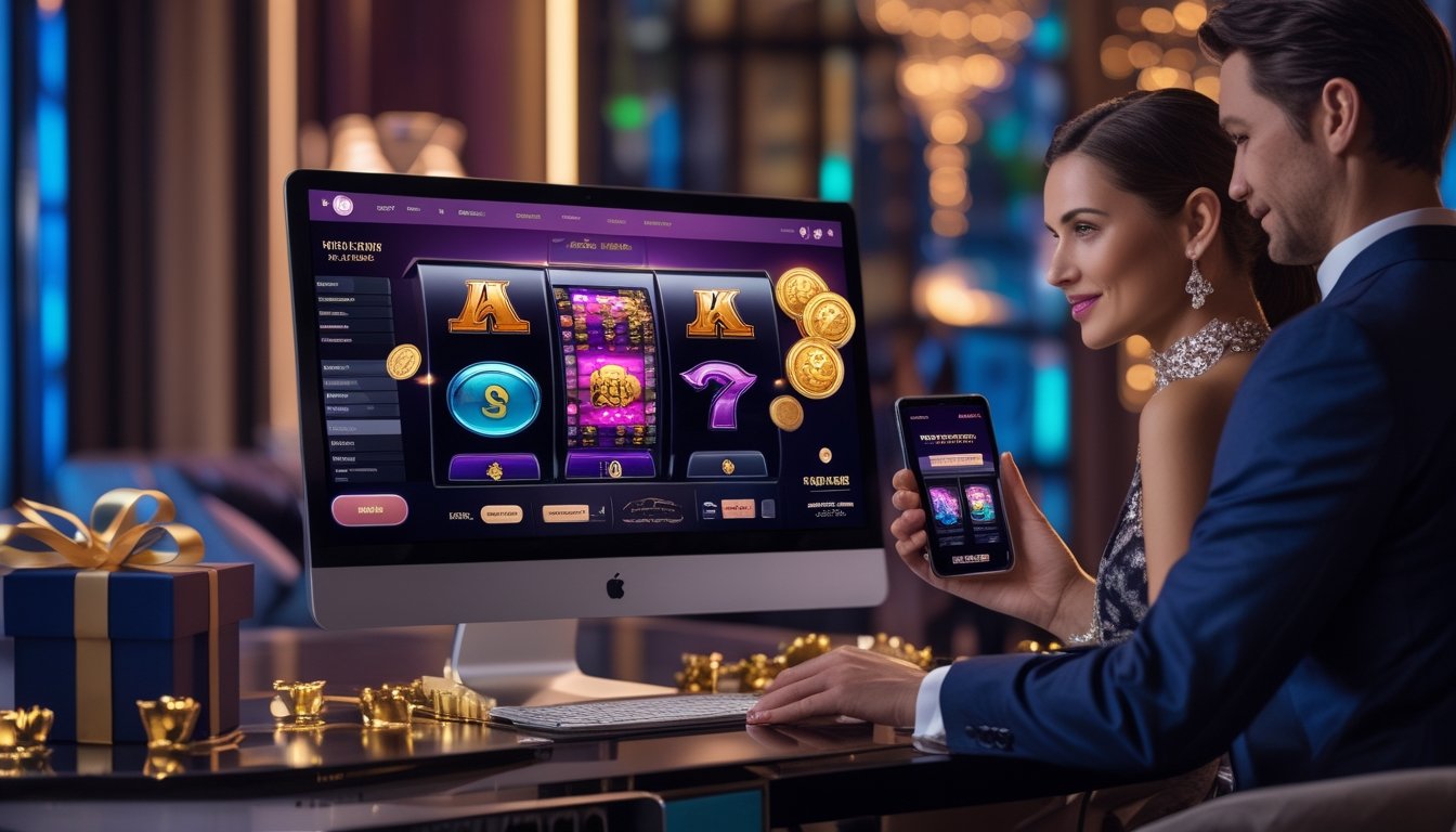 Pasangan dewasa menikmati platform permainan digital bertema fantasi romantis di ruang modern yang elegan.