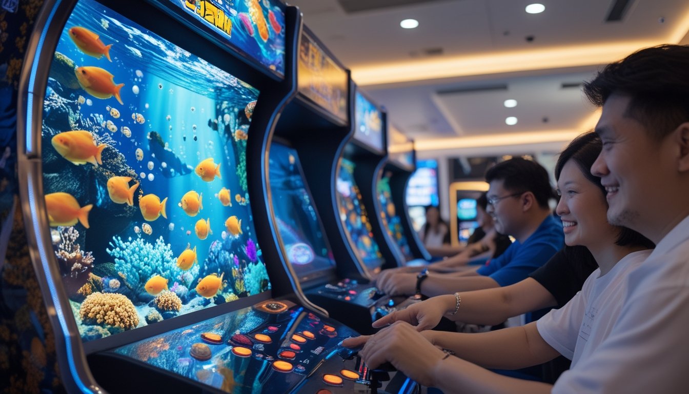Orang dewasa bermain permainan tembak ikan di mesin arcade dengan latar bawah laut berwarna-warni.