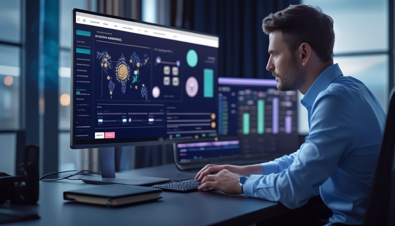 Seorang analis bekerja di depan monitor dengan grafik abstrak dalam suasana kantor modern.