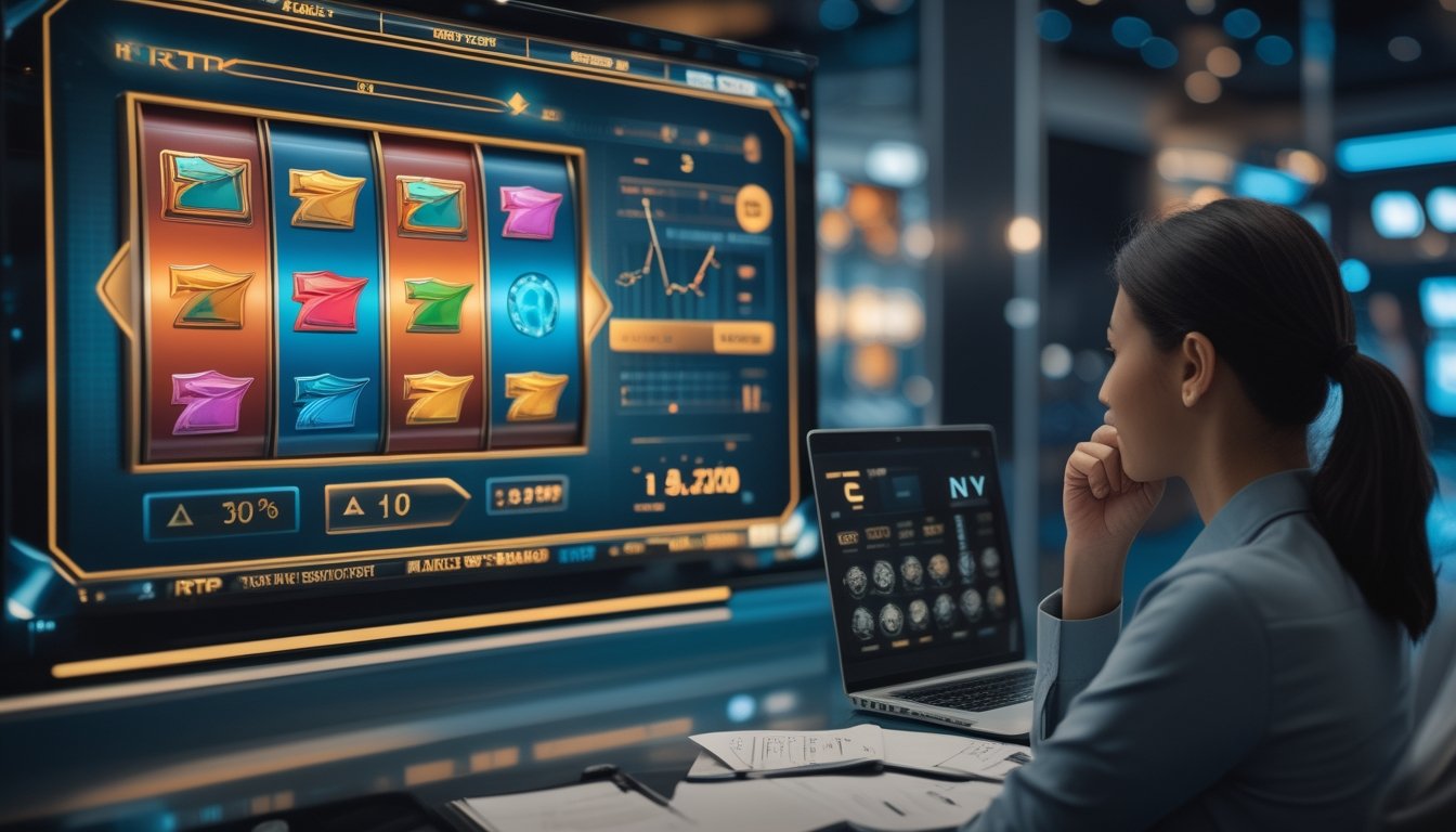 Seorang analis mengamati mesin slot digital dengan grafik abstrak yang menggambarkan peluang dan hasil acak.