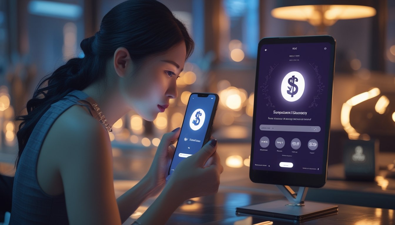 Seorang wanita menggunakan ponsel untuk melakukan pembayaran digital di meja kerja dengan suasana elegan.