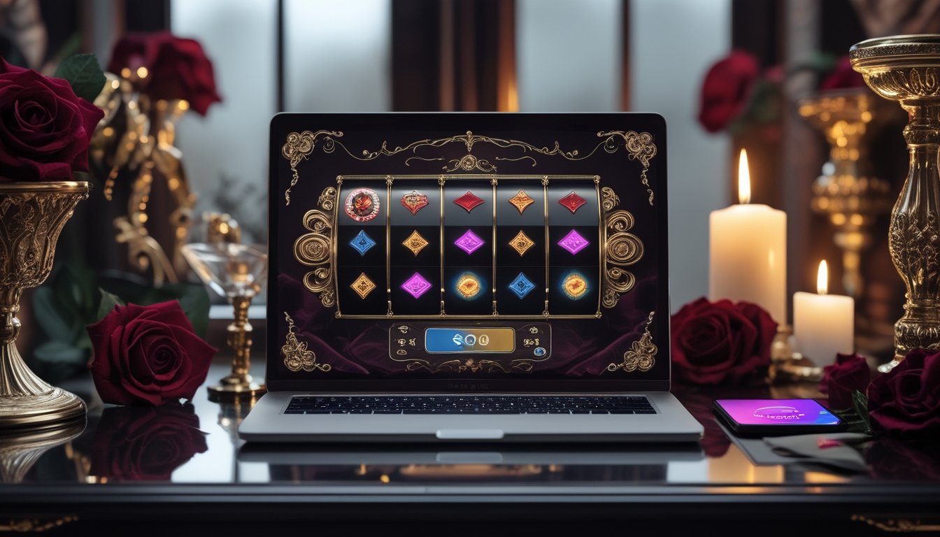 Perangkat laptop dan ponsel menampilkan permainan slot digital dengan hiasan mawar merah dan suasana elegan.