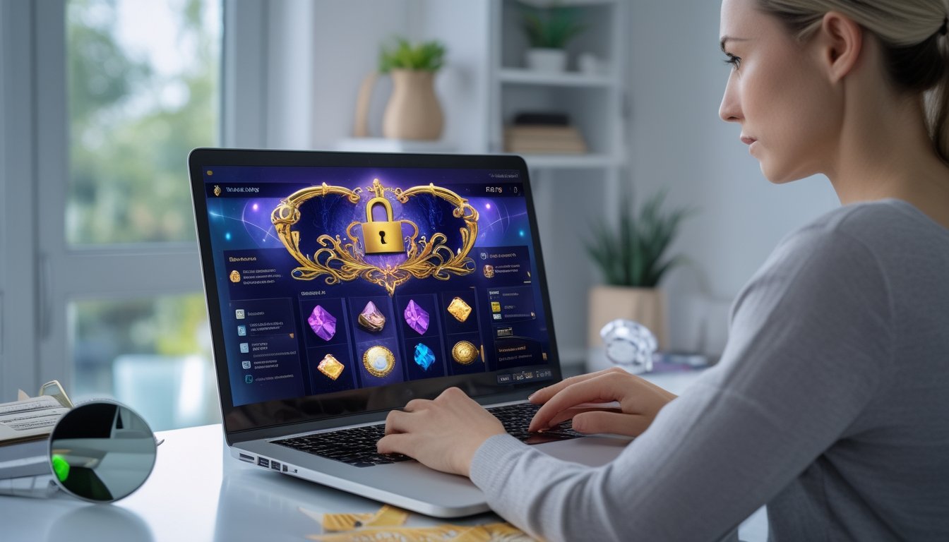 Seseorang memeriksa platform permainan daring dengan simbol gembok dan perisai keamanan di layar laptop.