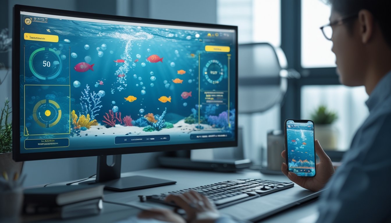 Komputer dan ponsel menampilkan permainan menembak ikan bertema bawah laut dengan elemen analisis kinerja.