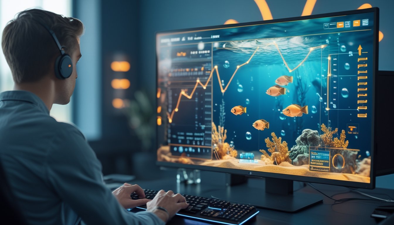 Pemain menganalisis permainan tembak ikan online dengan tampilan grafik peluang dan suasana bawah laut.