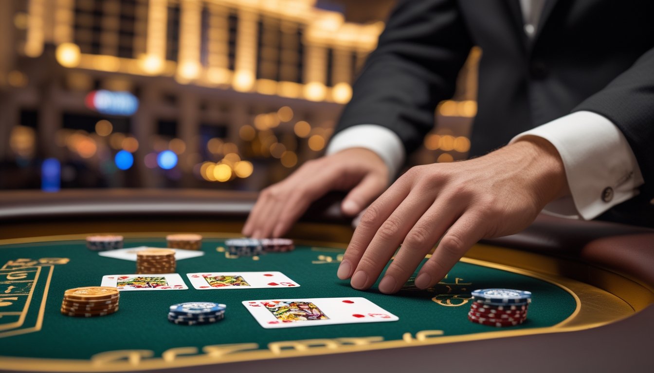 Meja blackjack dengan kartu, keping kasino, dan suasana lampu kasino bergaya Las Vegas.