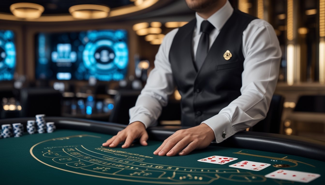 Dealer blackjack berada di meja kasino dengan kartu dan keping taruhan, berlatar suasana elegan bergaya Las Vegas.