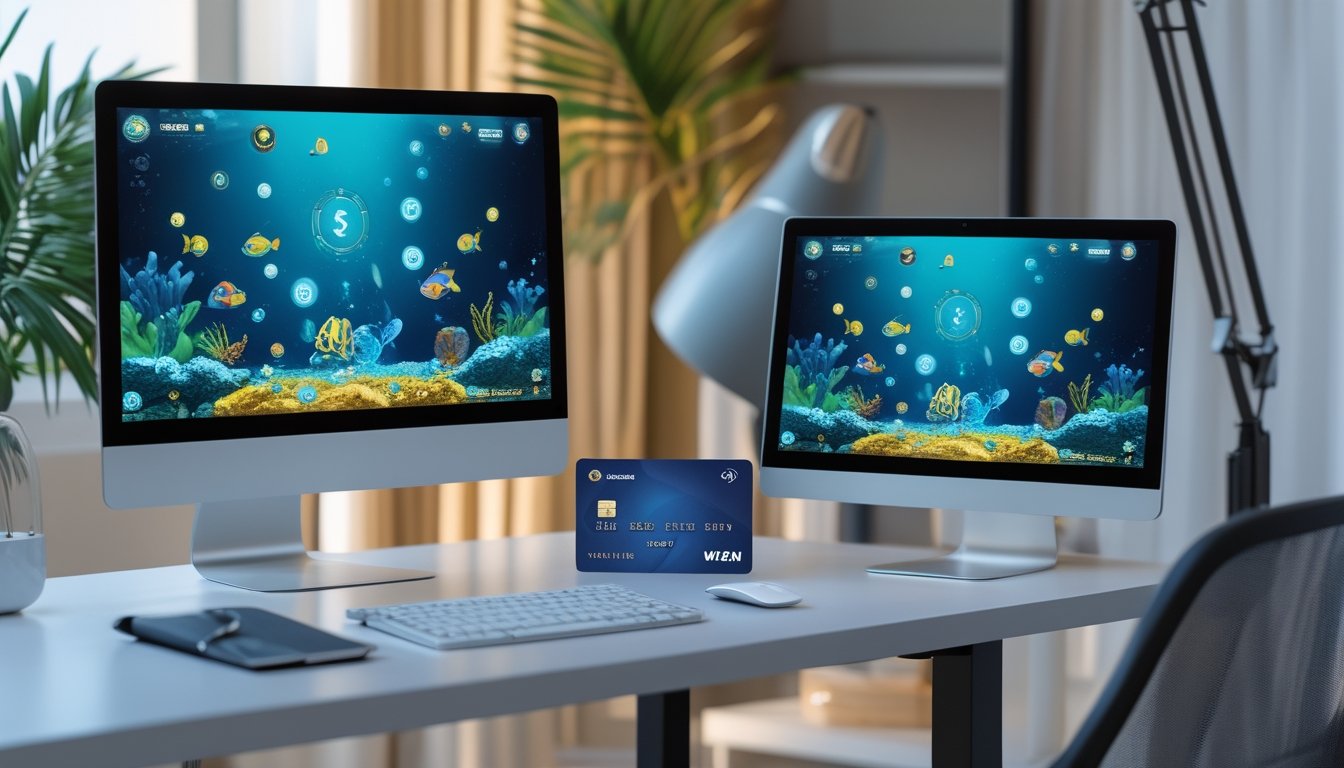 Monitor dan ponsel menampilkan permainan menembak ikan bertema bawah laut di atas meja modern dengan dompet digital.