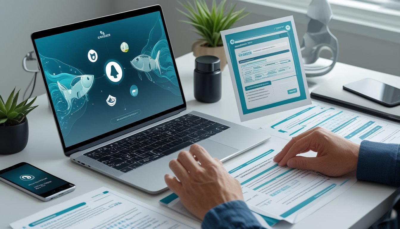 Seseorang memeriksa platform permainan digital menggunakan laptop, dokumen verifikasi, kaca pembesar, dan simbol keamanan.