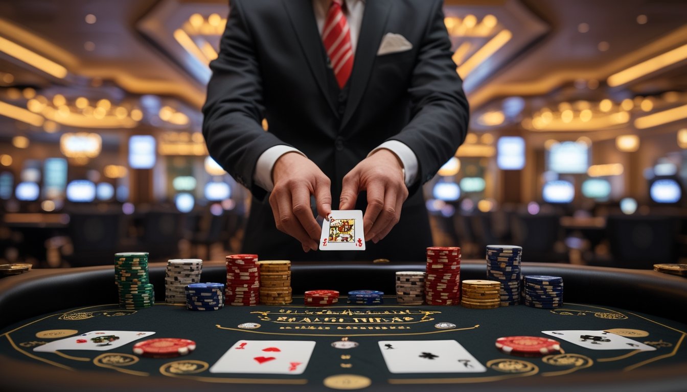 Meja blackjack dengan kartu, keping kasino, dan suasana kasino mewah bergaya Las Vegas.