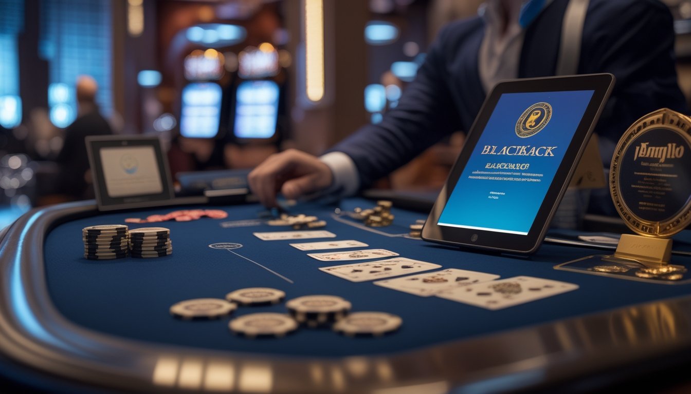 Meja blackjack dengan kartu dan keping, disertai simbol lisensi resmi dan keamanan digital di lingkungan kasino elegan.