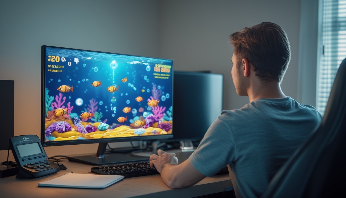 Orang dewasa sedang fokus memainkan permainan ikan digital di depan komputer dengan perlengkapan perencanaan di meja.