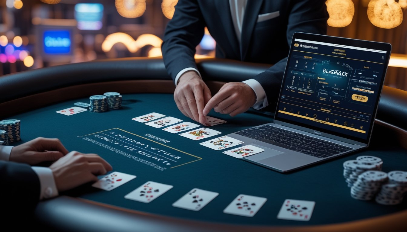 Meja blackjack dengan kartu, keping kasino, dan perangkat digital dalam suasana kasino yang elegan.