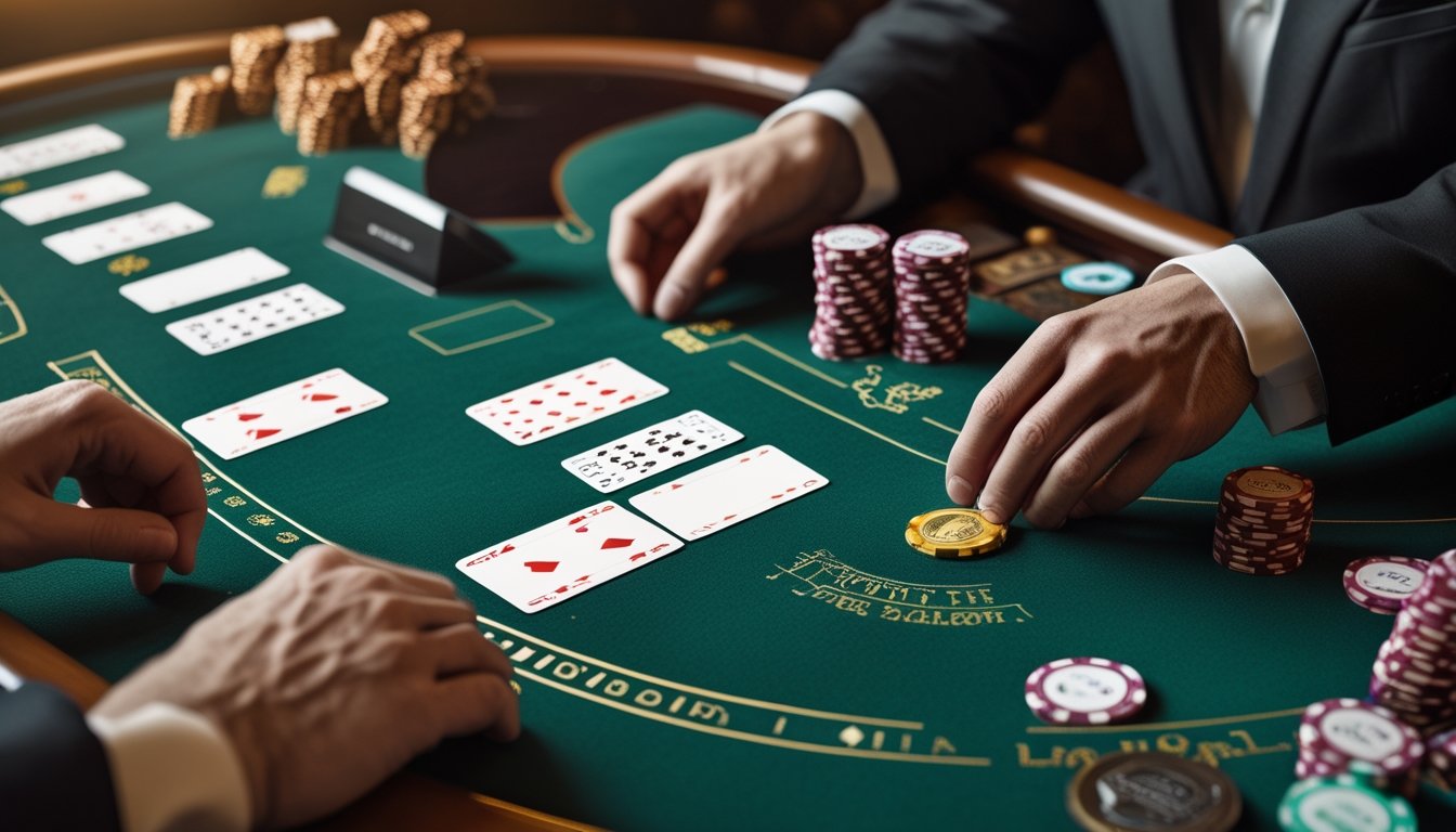 Meja blackjack dengan kartu, keping kasino, dan perangkat yang menampilkan permainan daring tanpa teks.