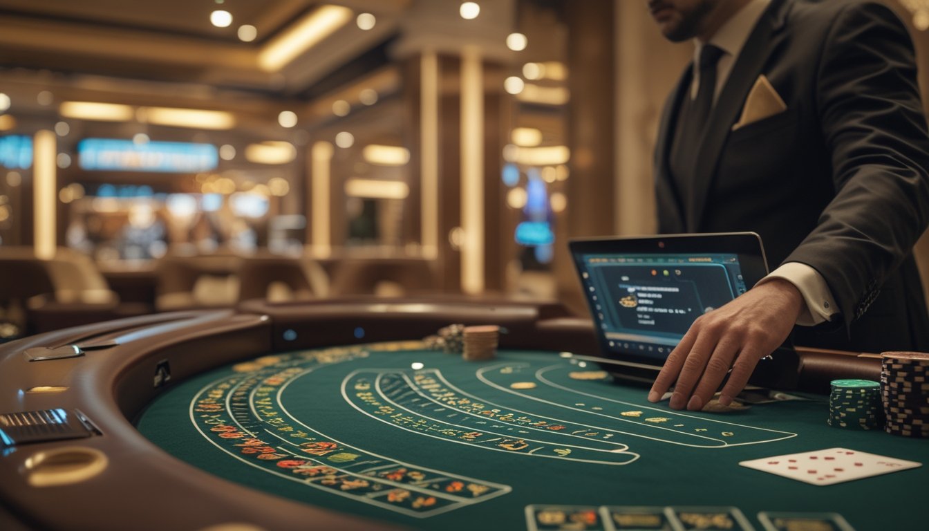 Meja blackjack dengan kartu dan tumpukan chip di dalam suasana kasino mewah.