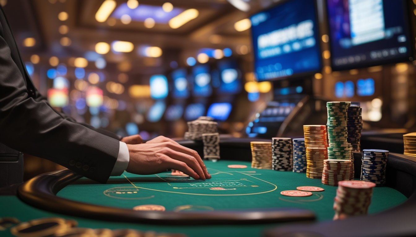 Meja blackjack dengan kartu, keping taruhan, dan perangkat digital di suasana kasino mewah bernuansa Las Vegas.