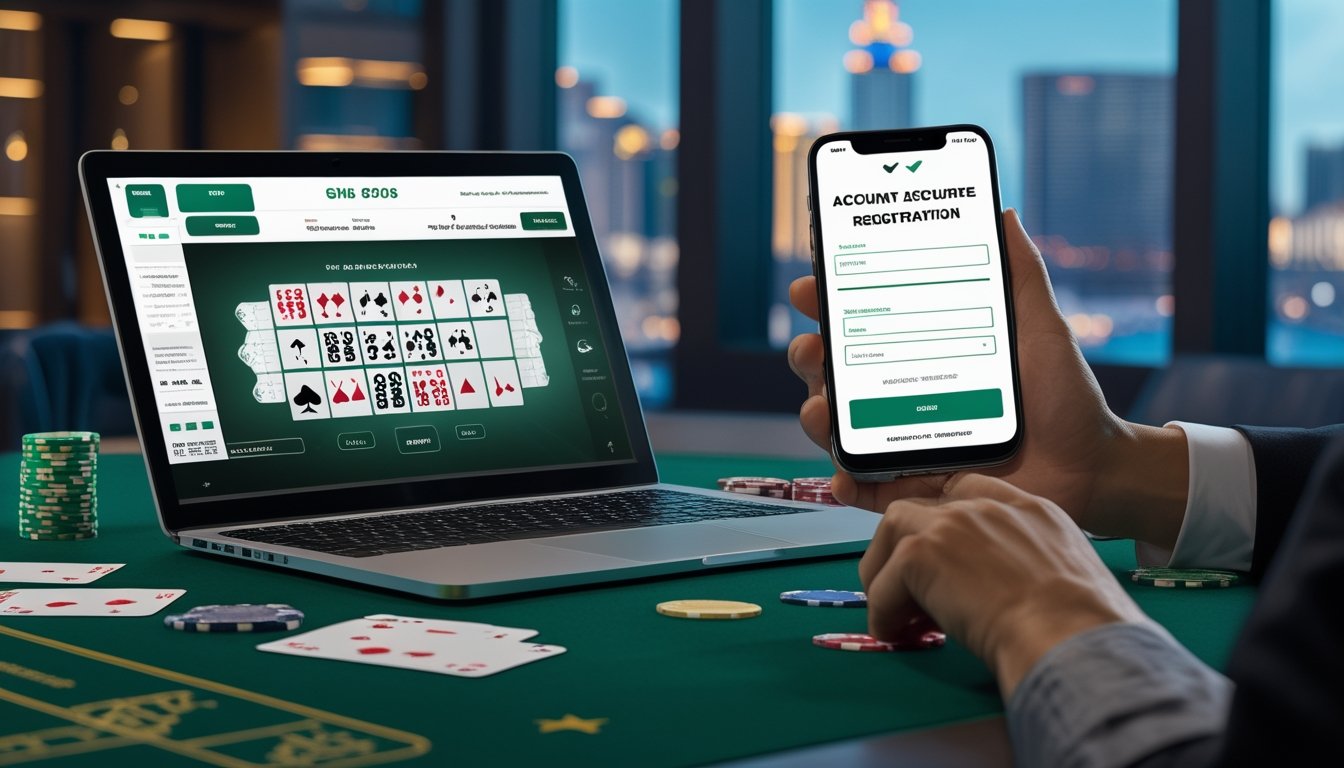 Laptop dan ponsel menampilkan antarmuka pendaftaran akun blackjack dengan kartu dan keping kasino di meja bernuansa Las Vegas.